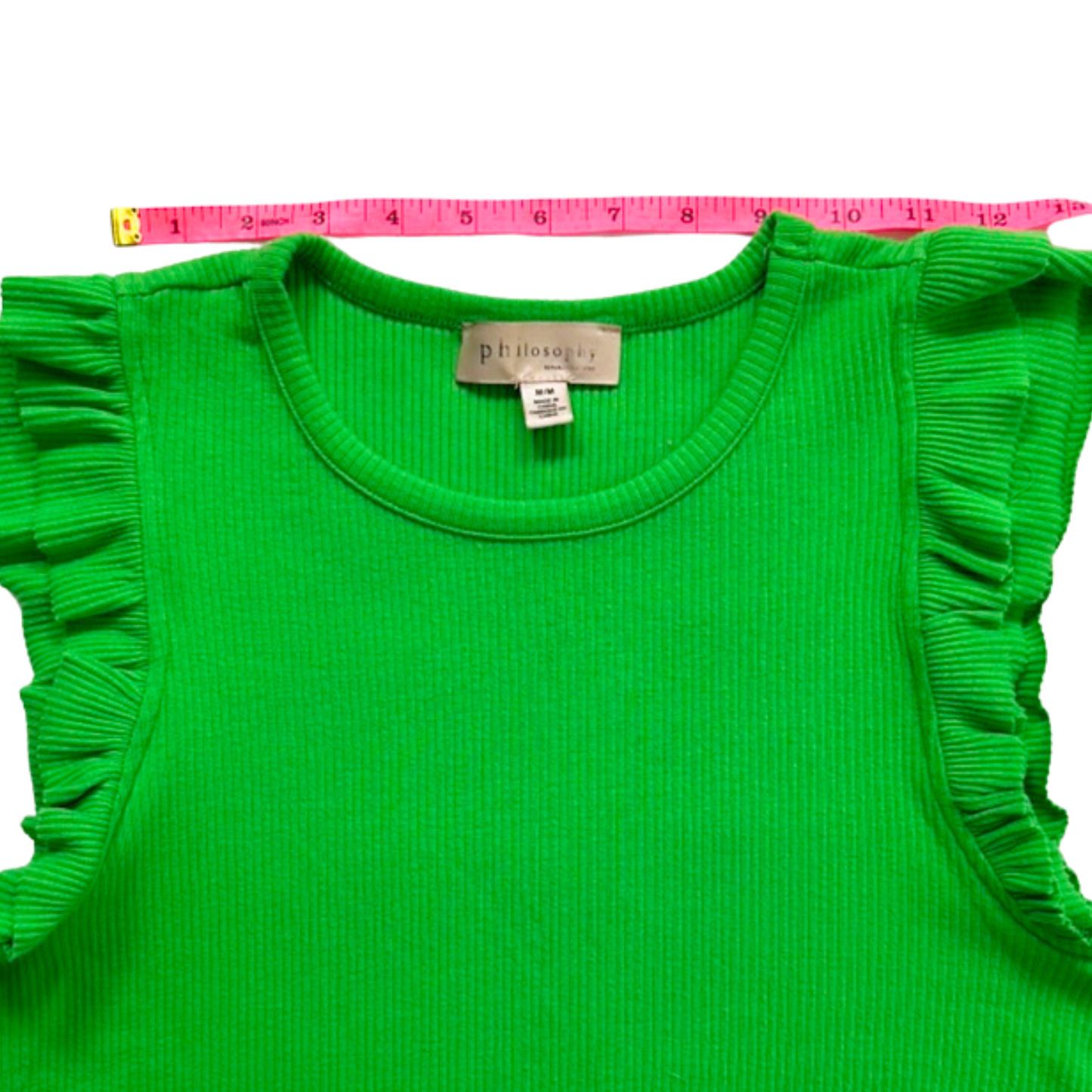 Philosophy Green Ribbed Tank Ruffle Sleeve Top Soft Stretch Knit Size Medium