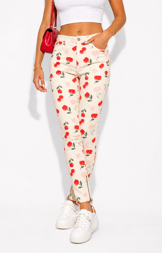 BLANKNYC Cherry Print Skinny Jeans – Cream | Ankle Zip | Size 27