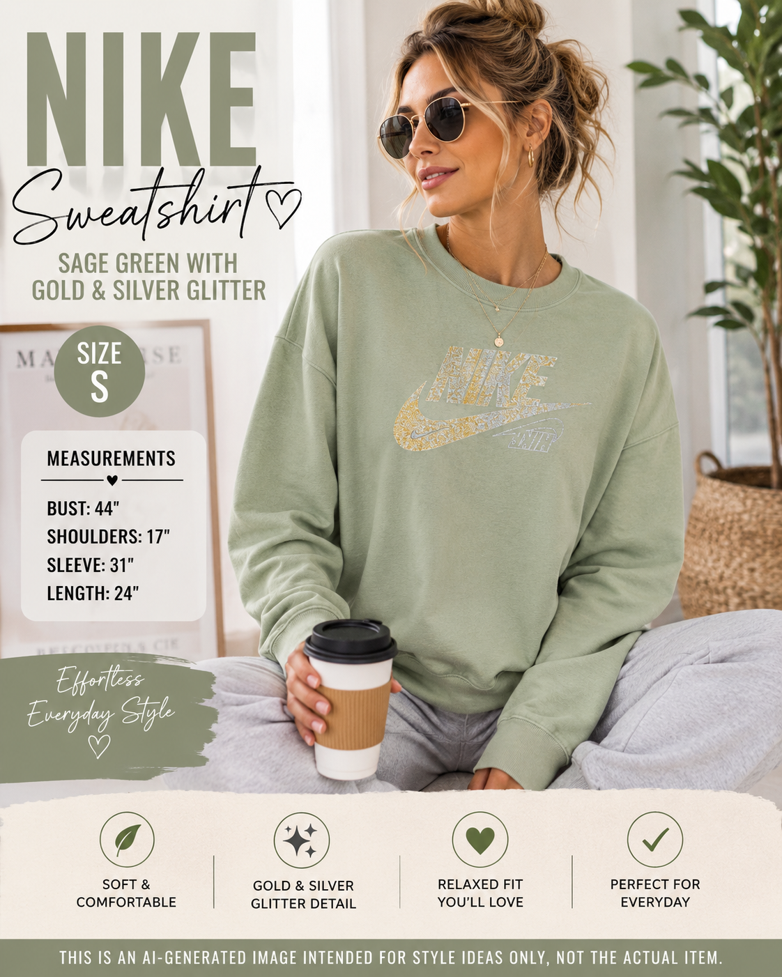 Nike Sage Green Glitter Logo Fleece Sweatshirt Small Gold Silver Graphic Crewneck