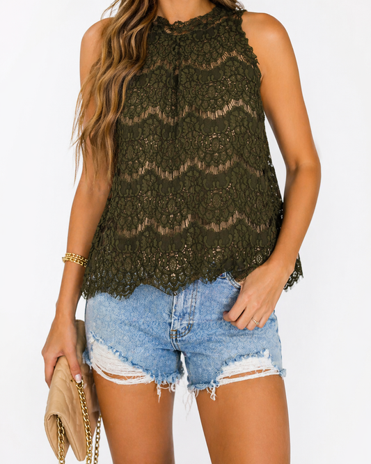 Love Fire Olive Green Lace Halter Blouse | Feminine Statement Top