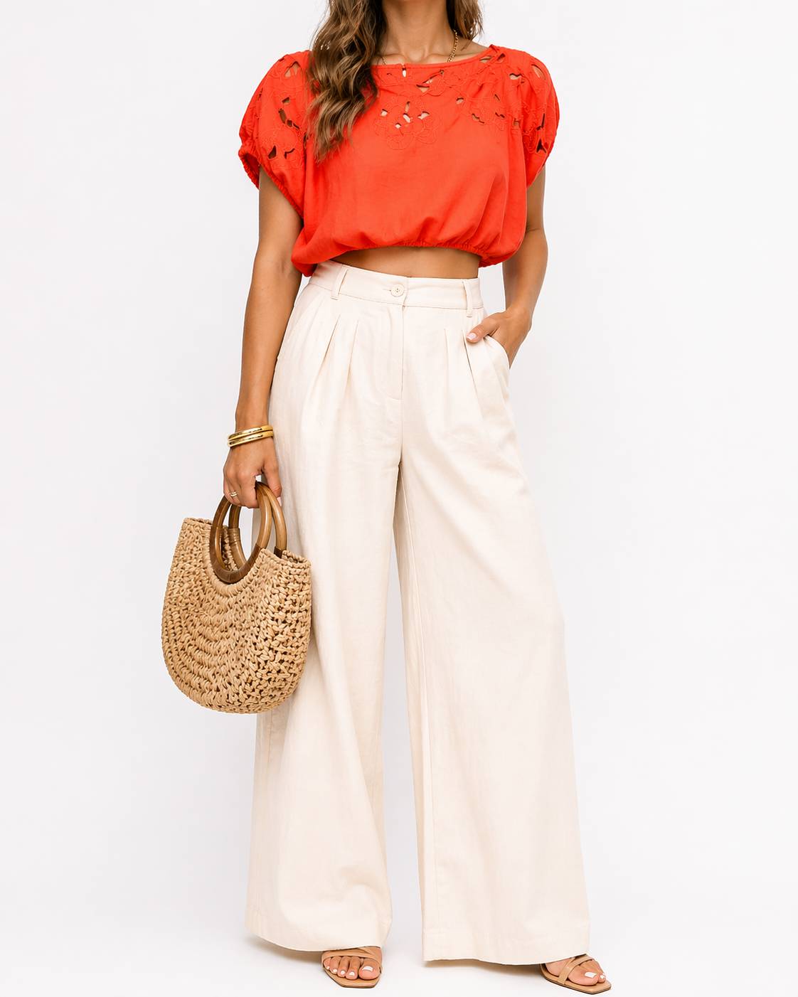 Rachel Roy Tangerine Embroidered Crop Blouse | Button Front | Size Large