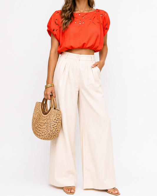 Rachel Roy Tangerine Embroidered Crop Blouse | Button Front | Size Large