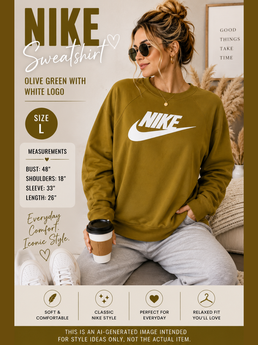 Nike Olive Green Fleece Sweatshirt Large White Logo Crewneck Athleisure