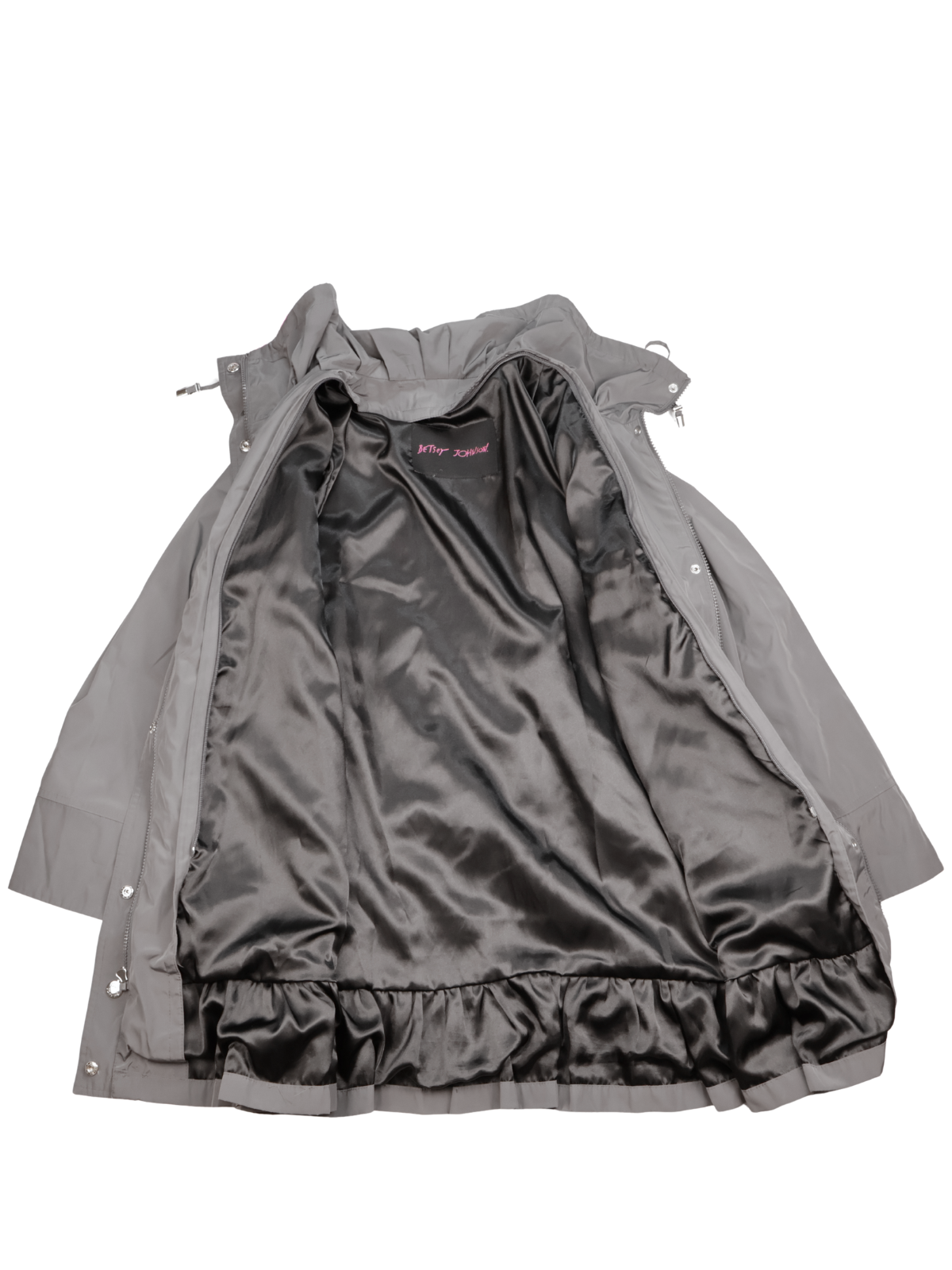Betsey Johnson Black Ruffle Hem Raincoat | Size Small | Feminine Utility Statement
