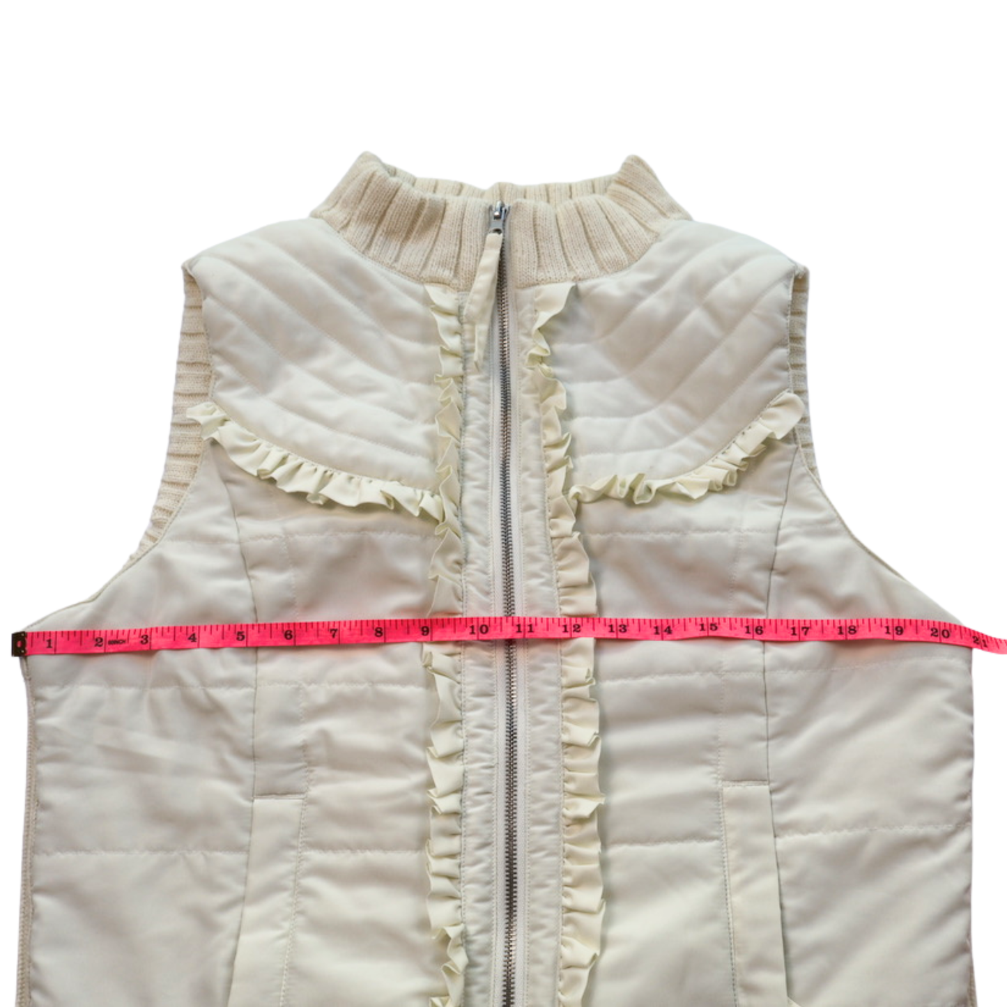 I.N. Studio Quilted Ruffle Zip Vest Cream Size Large Cozy Chic Layer