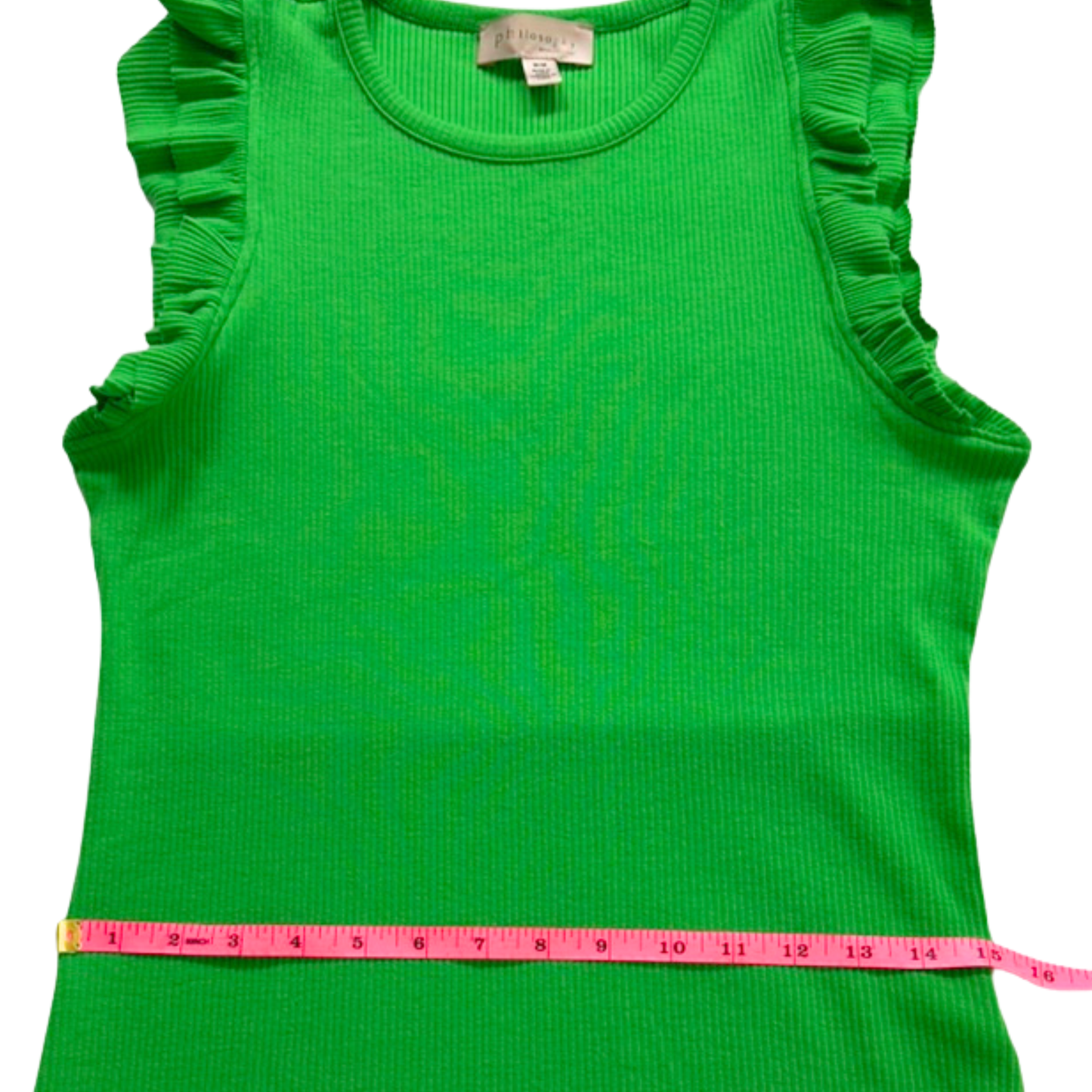Philosophy Green Ribbed Tank Ruffle Sleeve Top Soft Stretch Knit Size Medium