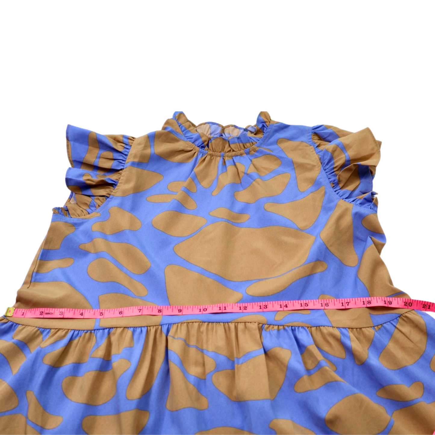 Pinch Abstract Print Midi Dress Blue & Tan Ruffle Sleeve Size Large