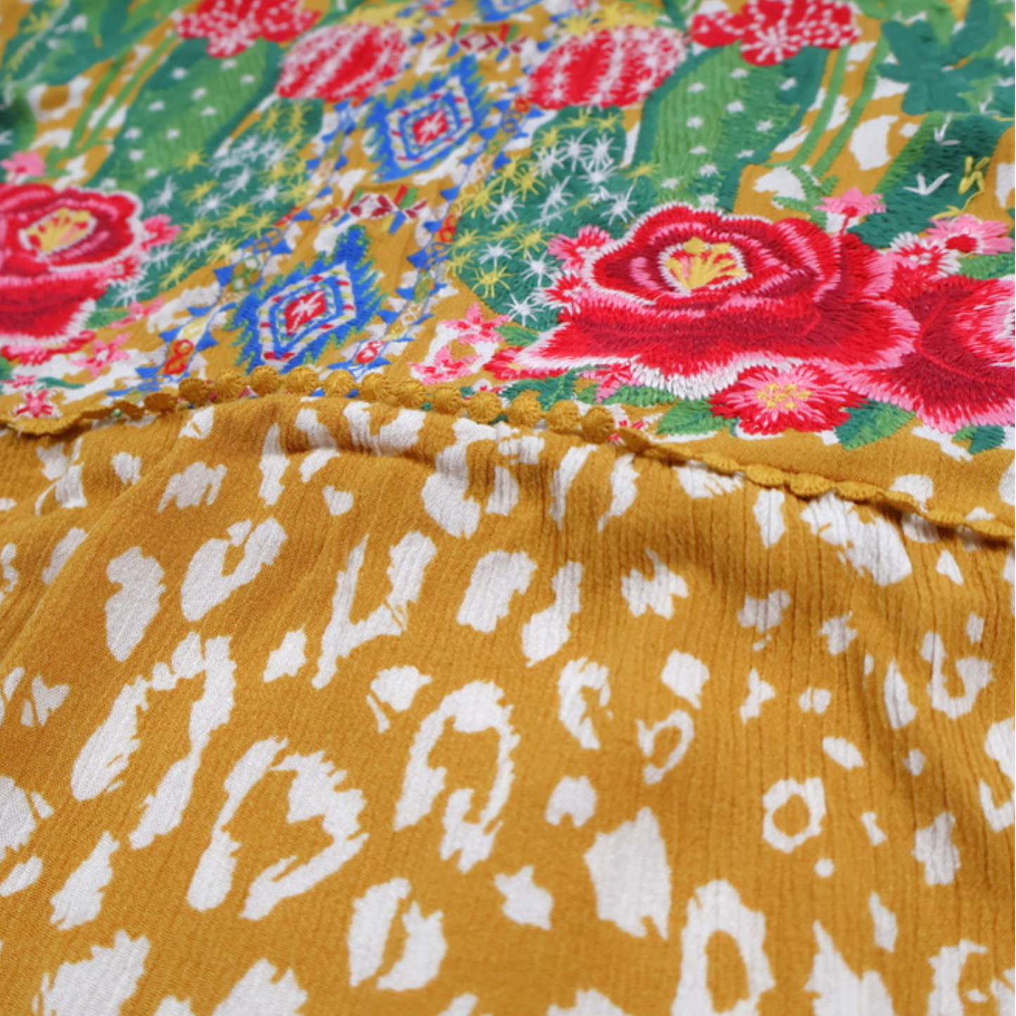 Savanna Jane Embroidered Boho Blouse – Mustard Cactus Floral | Size 1X