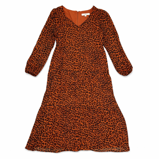 LOFT Leopard Print Tiered Midi Dress — Rust Orange — Size 10