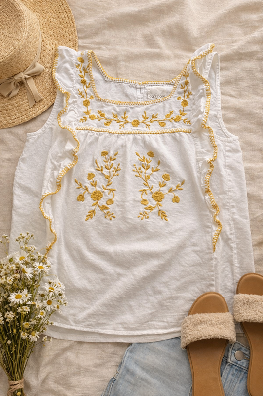 Cotton Raye Embroidered Ruffle Tank – White & Mustard | Size Medium