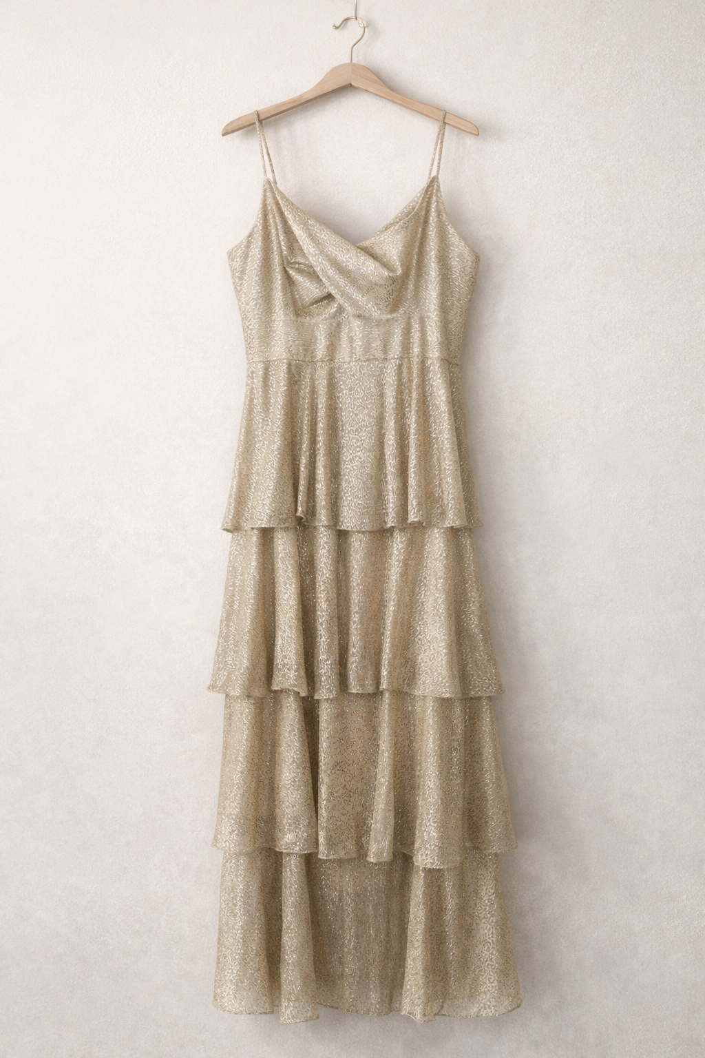 Skies Are Blue Tiered Maxi Dress – Champagne Shimmer | Size Medium
