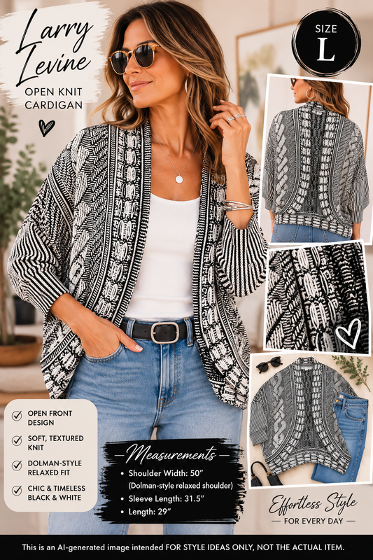 Larry Levine Black & White Open Knit Dolman Cardigan Sweater Size Large Boho Textured