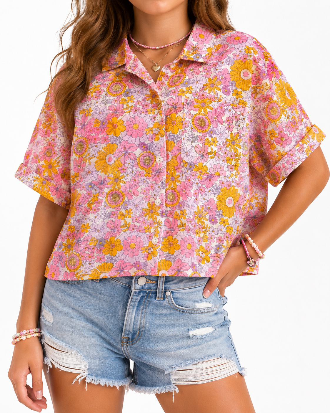 Thereabouts Retro Floral Button Up Shirt Kids Medium 10/12 Pink Yellow
