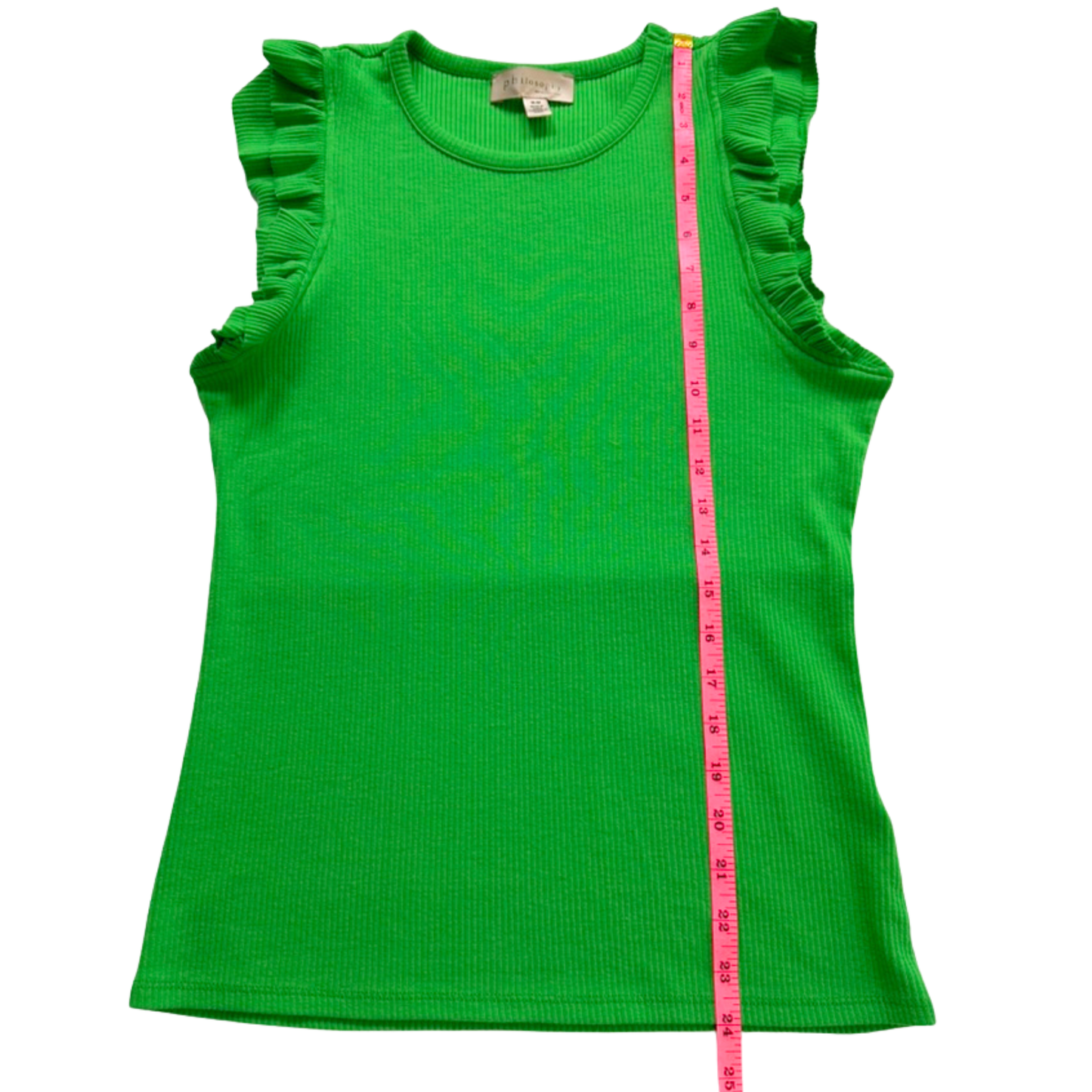 Philosophy Green Ribbed Tank Ruffle Sleeve Top Soft Stretch Knit Size Medium
