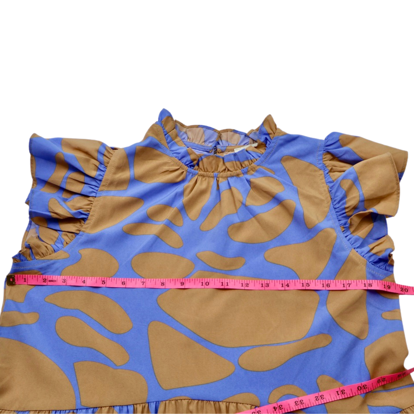 Pinch Abstract Print Midi Dress Blue & Tan Ruffle Sleeve Size Large