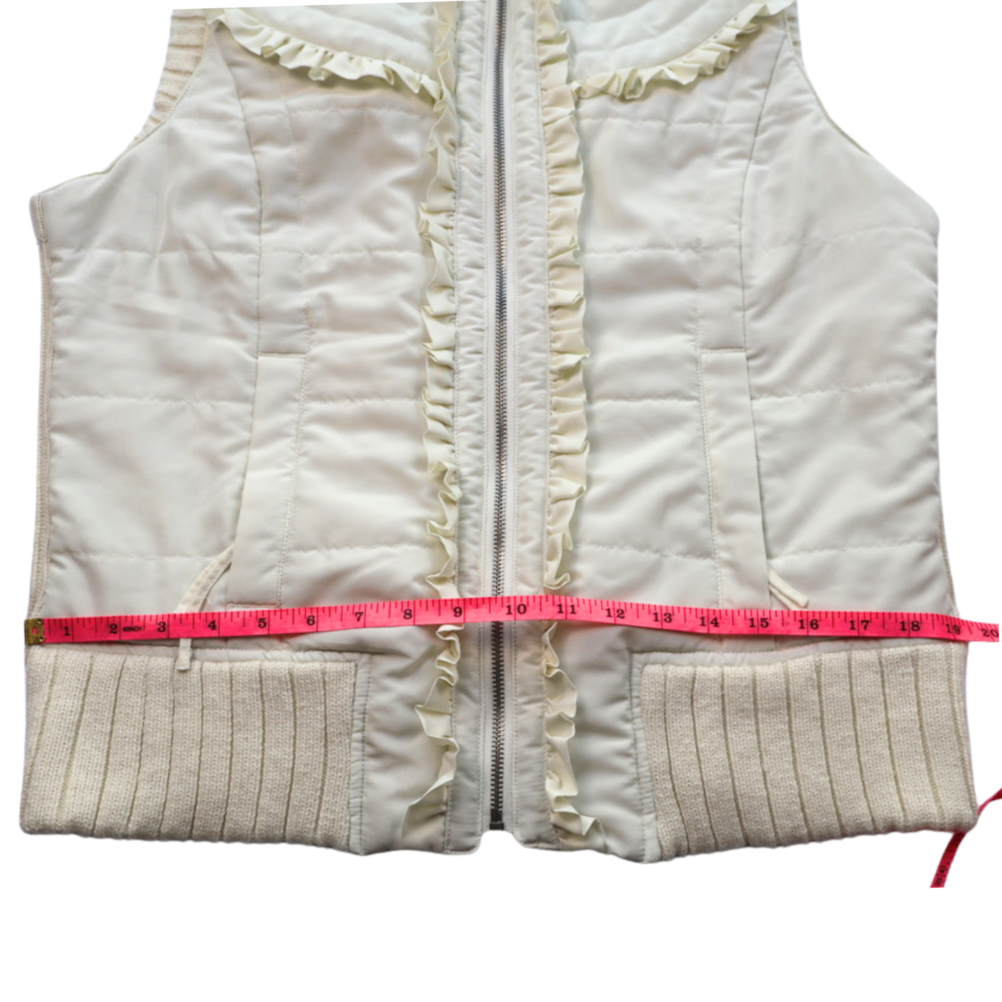 I.N. Studio Quilted Ruffle Zip Vest Cream Size Large Cozy Chic Layer