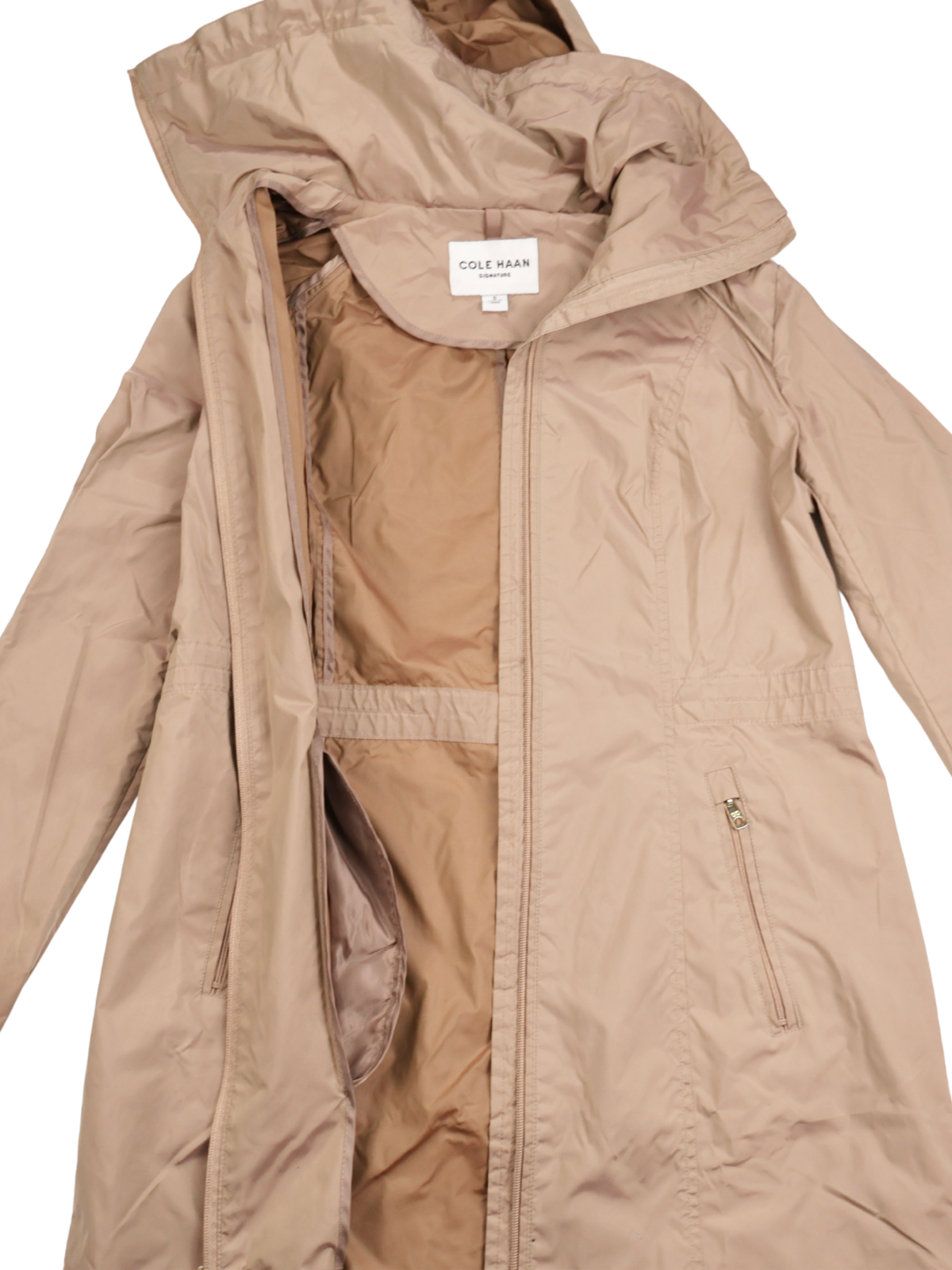 Cole Haan Packable Beige Rain Jacket – Lightweight Hooded Coat | Size Small
