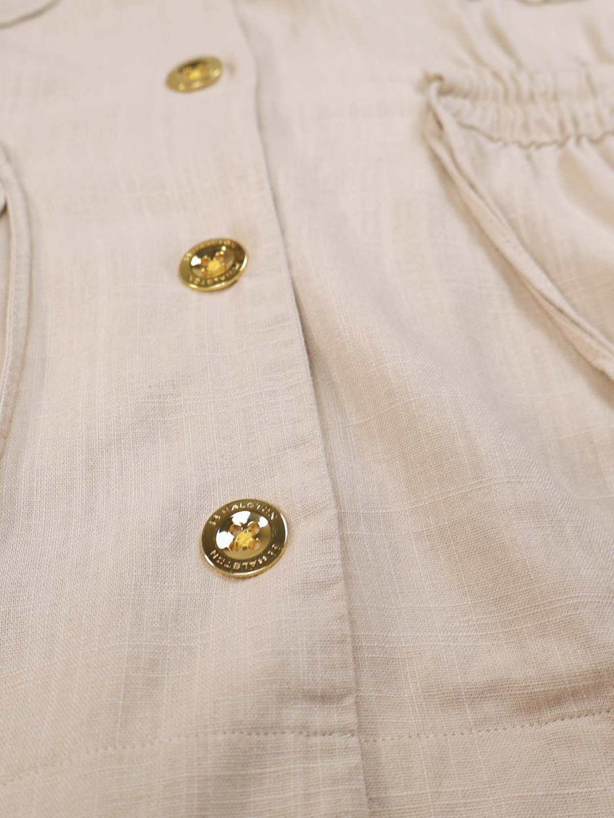 Halston Beige Utility Safari Top Size Small Linen Blend Gold Button Shirt