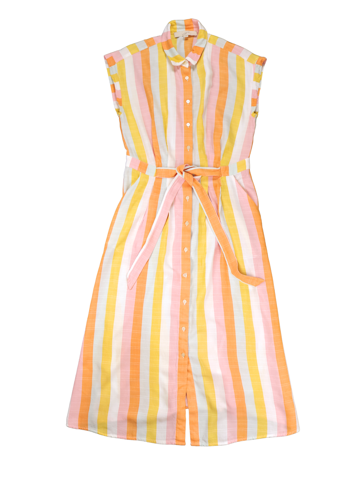 LOFT Striped Button Front Midi Shirt Dress Small Pink Orange Yellow Belted Summer