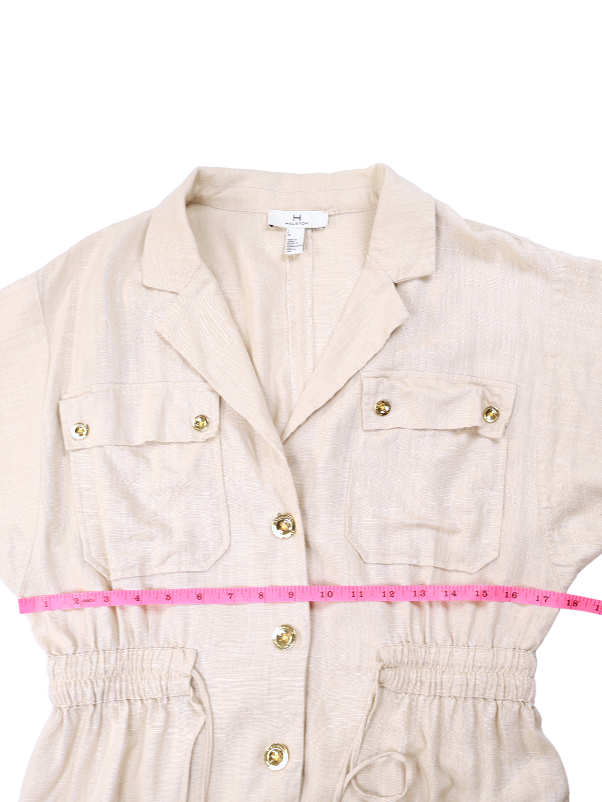 Halston Beige Utility Safari Top Size Small Linen Blend Gold Button Shirt