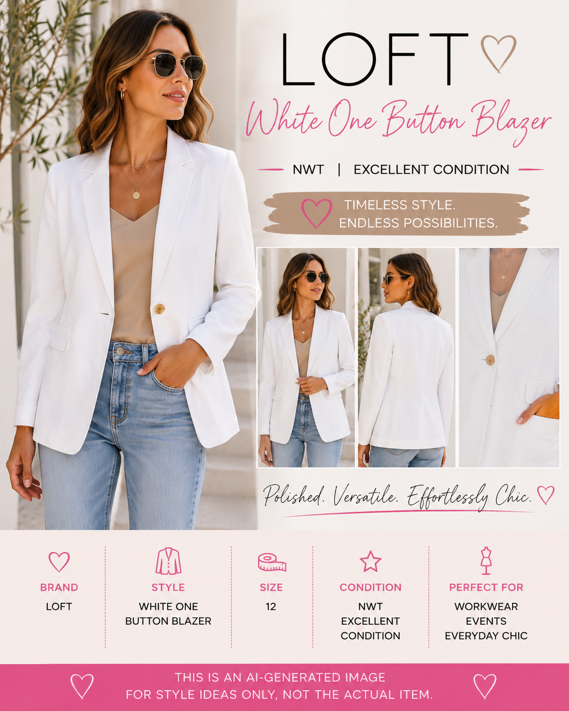 LOFT White One Button Blazer Jacket NWT Cotton Blend Size 12
