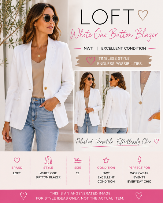 LOFT White One Button Blazer Jacket NWT Cotton Blend Size 12