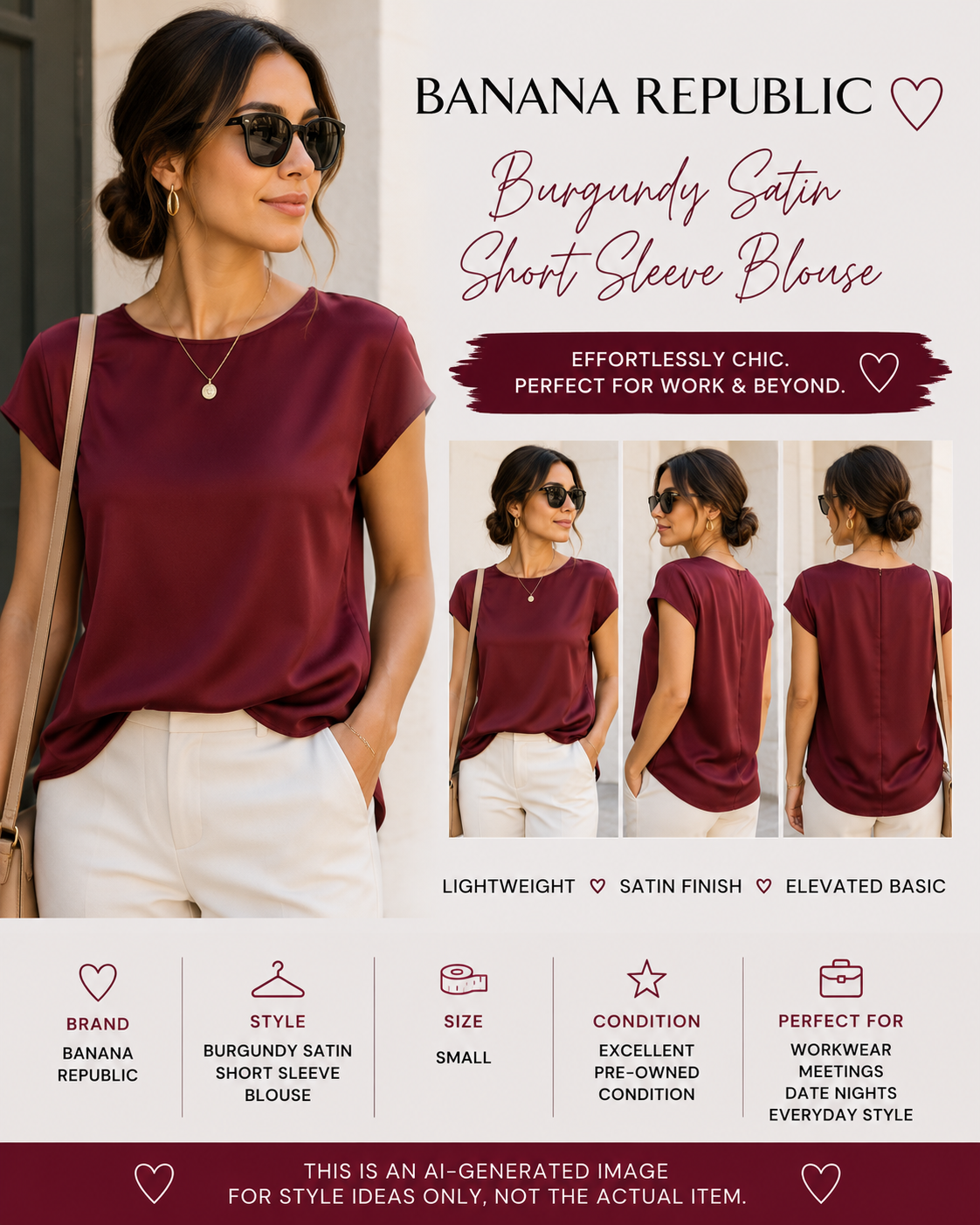 Banana Republic Burgundy Satin Short Sleeve Blouse Work Top Size Small
