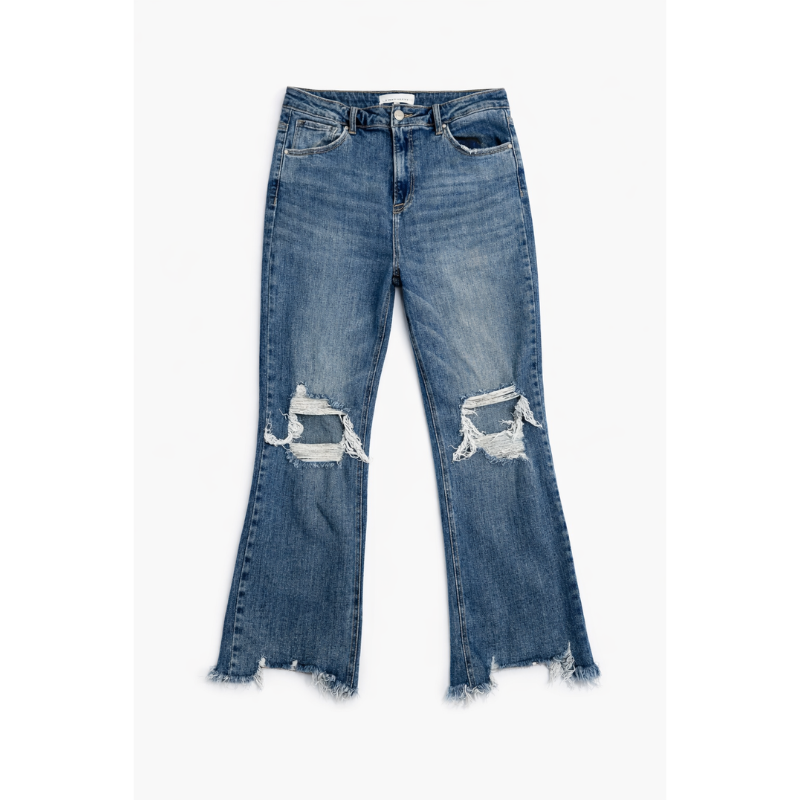 Risen High Rise Flare Jeans – Distressed Raw Hem Medium Wash Denim (Size 13/31)