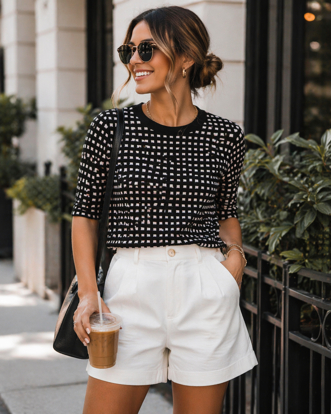 Ann Taylor Black & White Grid Knit Top | Size Small | 3/4 Sleeve