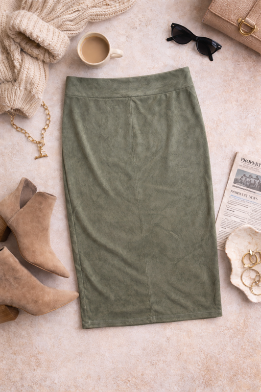Hem & Thread Faux Suede Twist Midi Skirt – Olive Green | Size Large