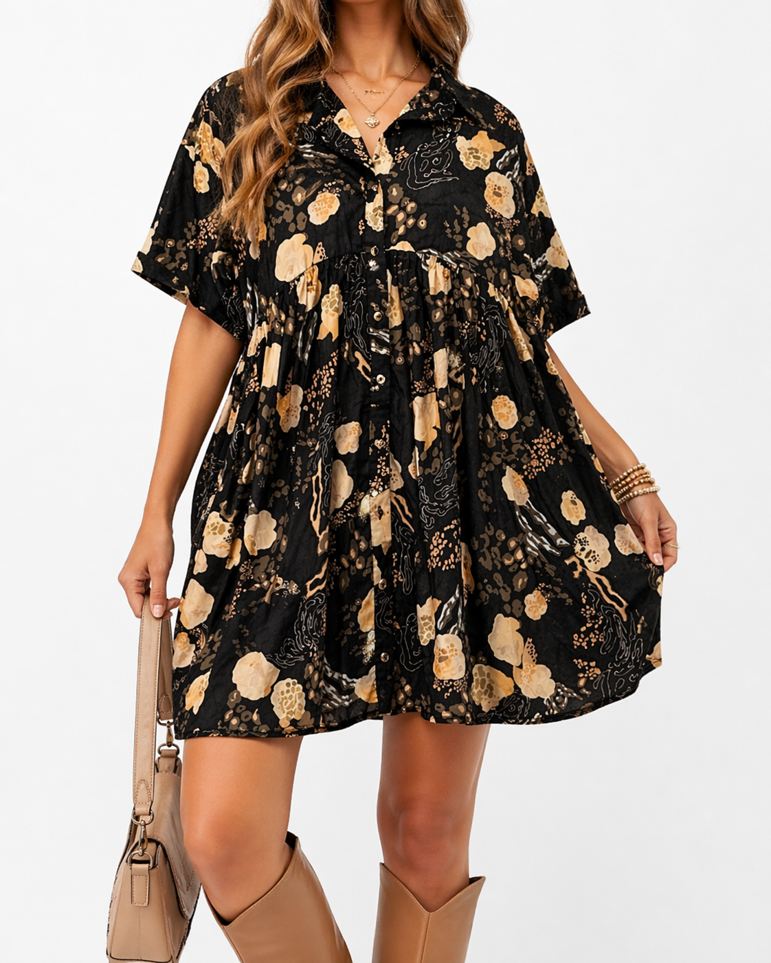 Entro Black Floral Babydoll Dress | Oversized Boho | Pockets | Size Large