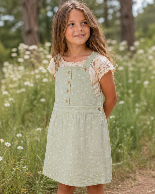 Happy Grey Sage Polka Dot Overall Dress Kids Size 8 | Soft Cotton Summer Dress