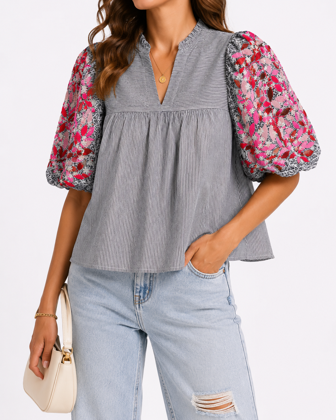 THML Striped Floral Balloon Sleeve Blouse | Boutique Statement Top | Medium