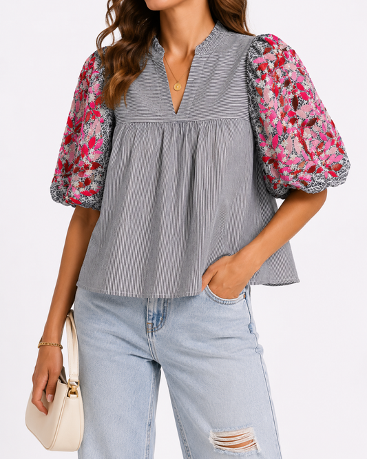 THML Striped Floral Balloon Sleeve Blouse | Boutique Statement Top | Medium