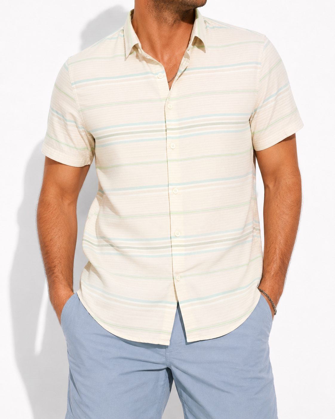 DAY & AGE Men’s XL Coastal Stripe Button Front Shirt Taupe Green Blue Casual