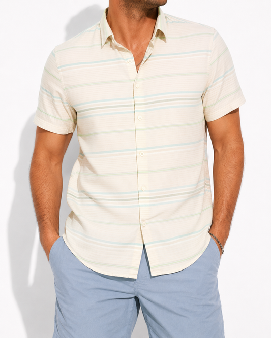 DAY & AGE Men’s XL Coastal Stripe Button Front Shirt Taupe Green Blue Casual