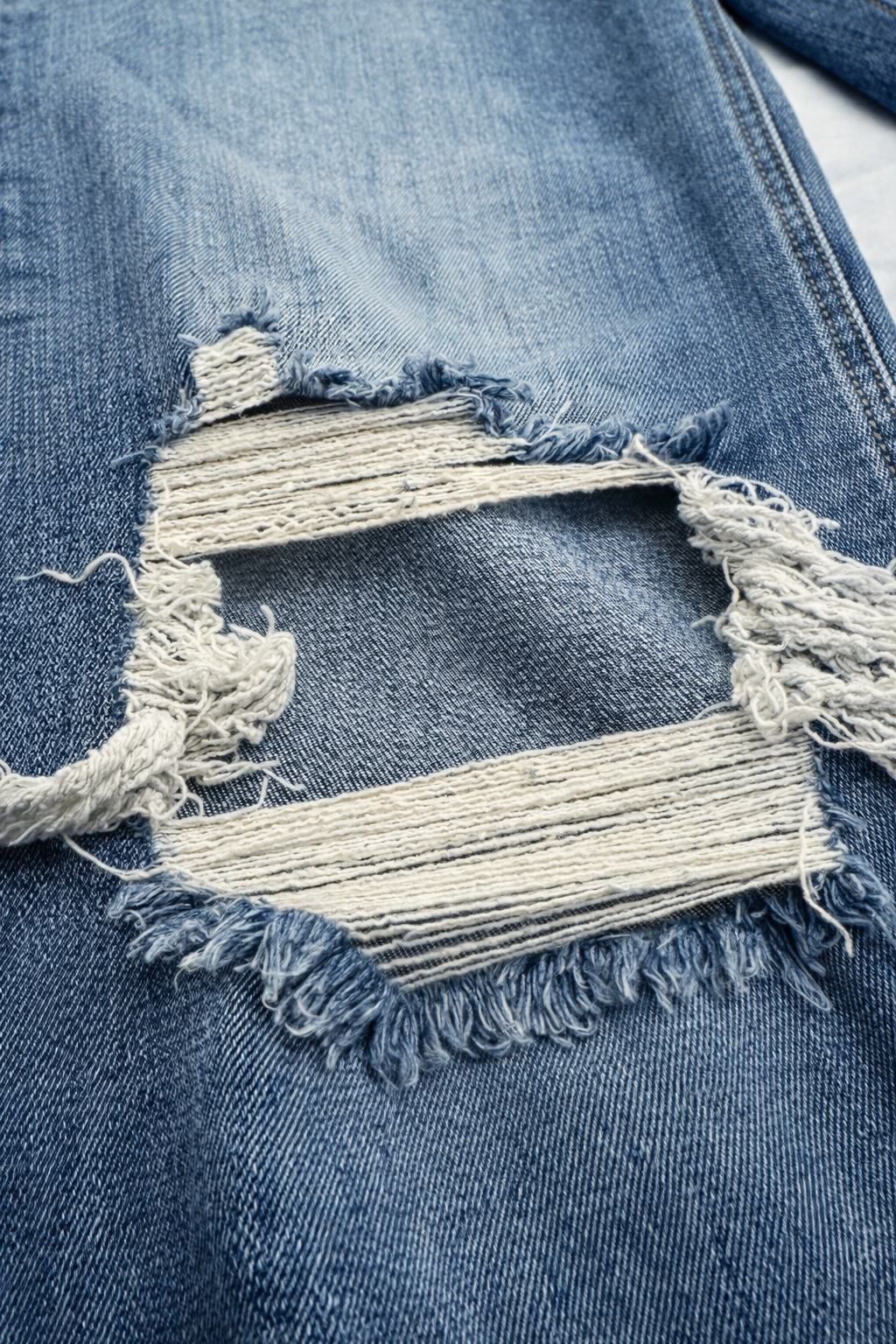 Risen High Rise Flare Jeans – Distressed Raw Hem Medium Wash Denim (Size 13/31)