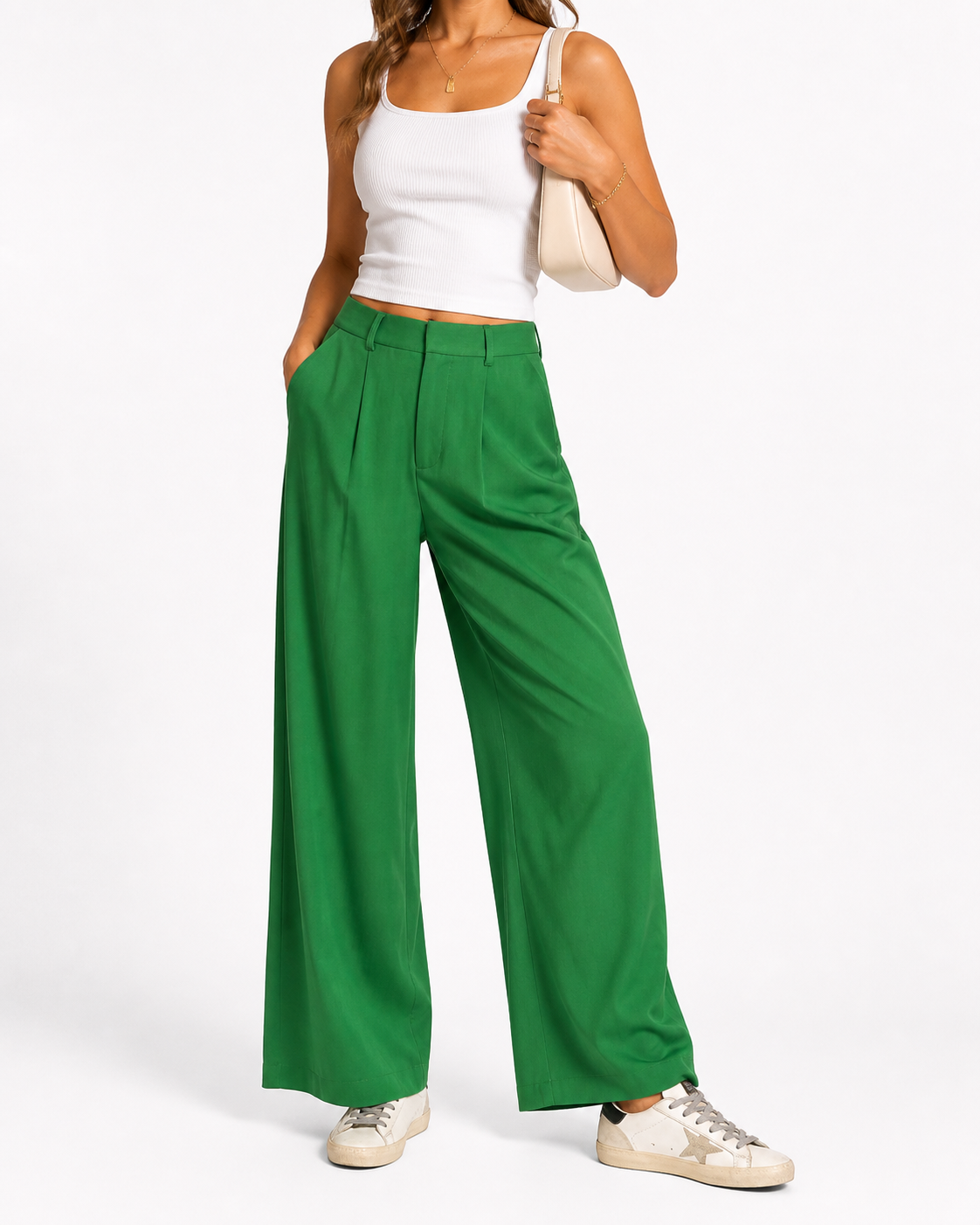 Cider Green Wide Leg Trousers | High Rise Tailored Pants | Size Small