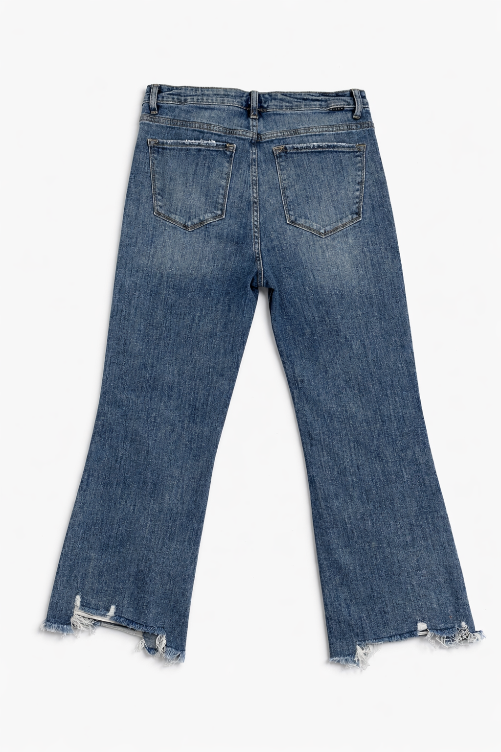 Risen High Rise Flare Jeans – Distressed Raw Hem Medium Wash Denim (Size 13/31)