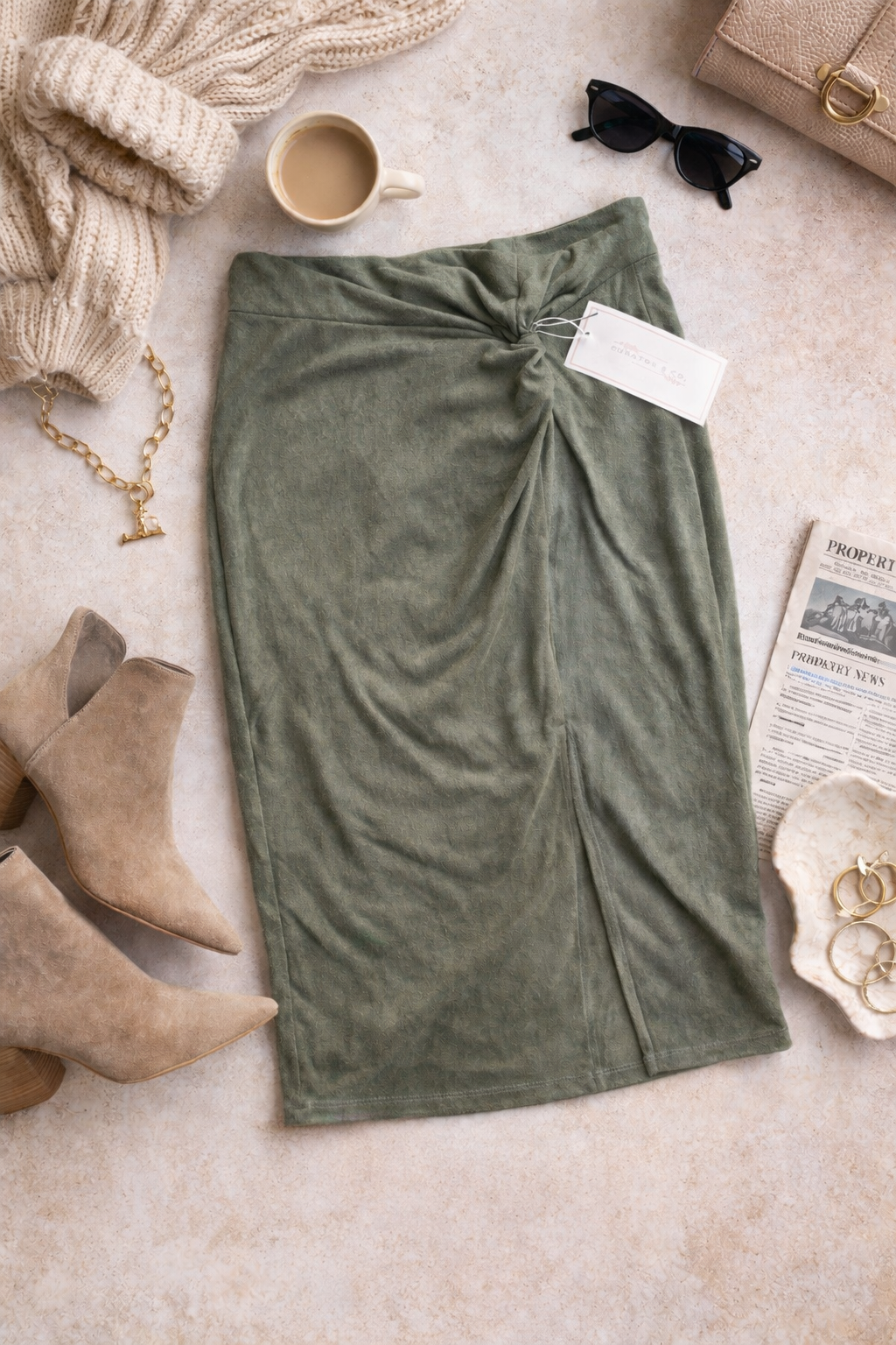 Hem & Thread Faux Suede Twist Midi Skirt – Olive Green | Size Large