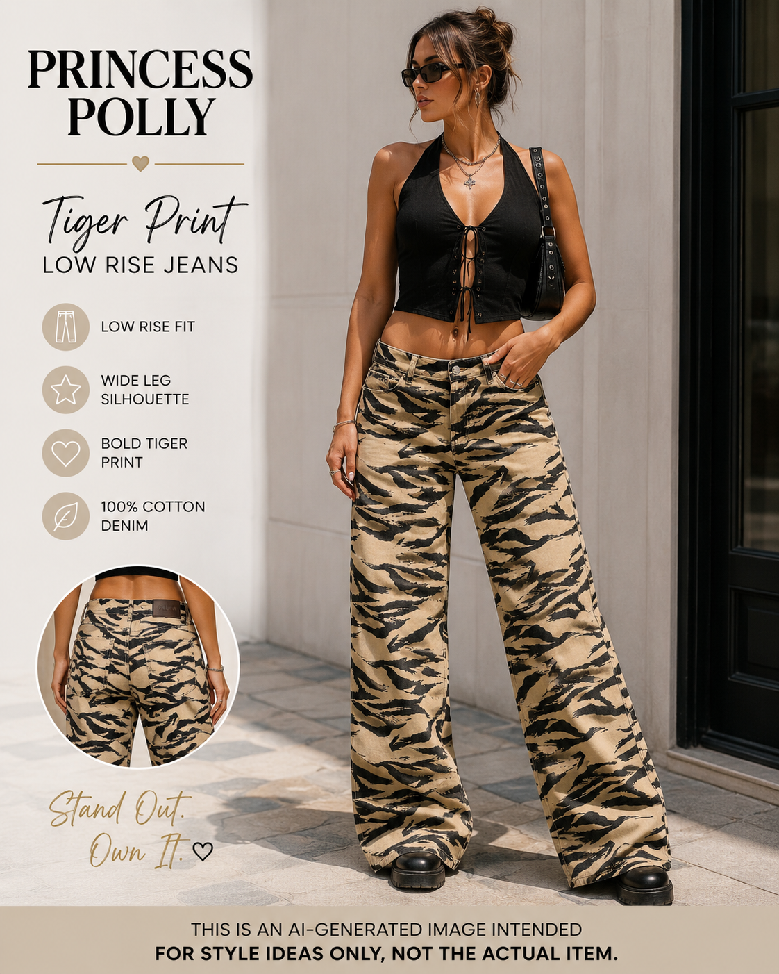 Princess Polly Ramos Tiger Print Low Rise Jeans Size 0 NWT Wide Leg Cotton Denim
