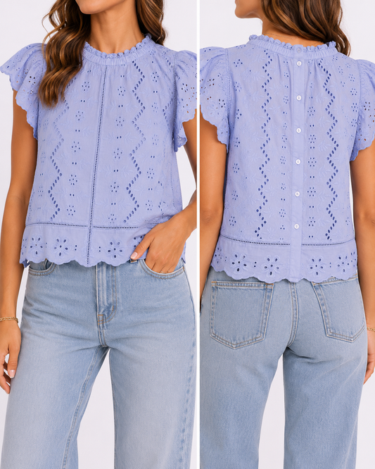 Jennifer & Grace Blue Embroidered Eyelet Blouse | Button Back Flutter Sleeve Top | Large