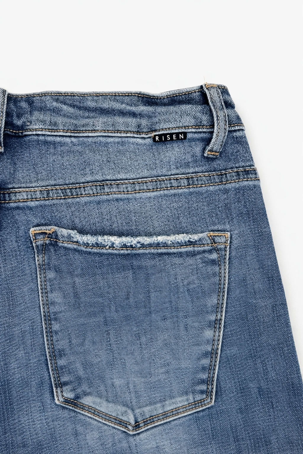 Risen High Rise Flare Jeans – Distressed Raw Hem Medium Wash Denim (Size 13/31)