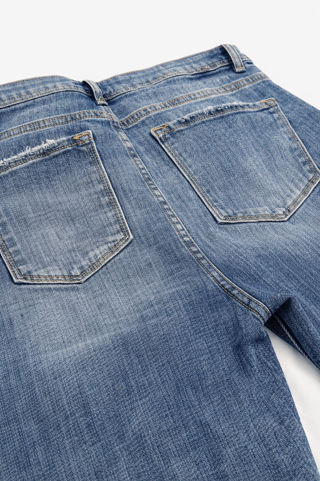Risen High Rise Flare Jeans – Distressed Raw Hem Medium Wash Denim (Size 13/31)