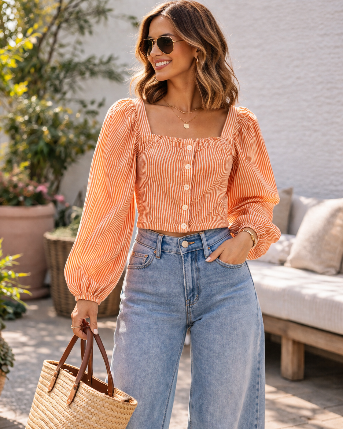 Madewell Orange Stripe Puff Sleeve Crop Blouse – Square Neck Feminine Top (Size XS)