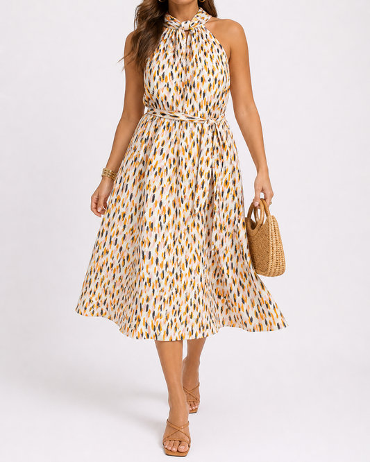 Banana Republic Halter Midi Dress | Silky Tie Waist Abstract Print Dress | Medium Petite