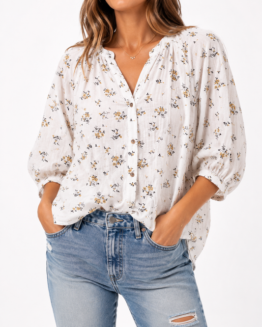Siren Lily Floral Blouse Petite Medium White Boho Cottagecore Top