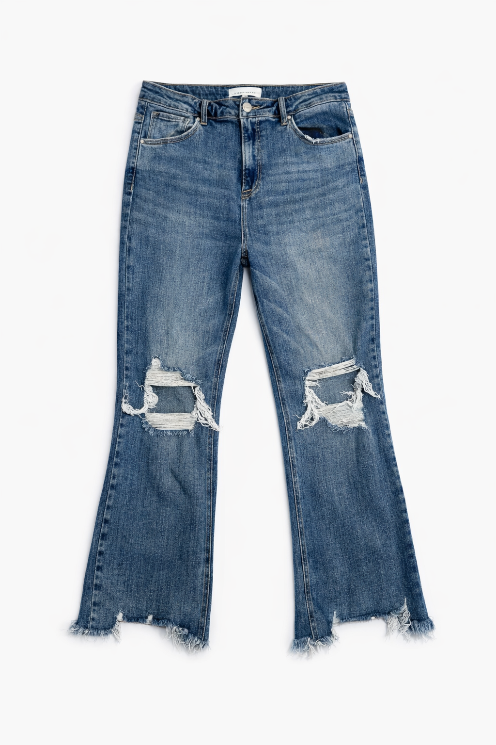Risen High Rise Flare Jeans – Distressed Raw Hem Medium Wash Denim (Size 13/31)